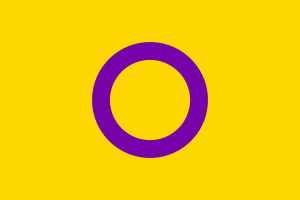 Sur un fond jaune, un cercle mauve. Il représente le symbole intersexe.