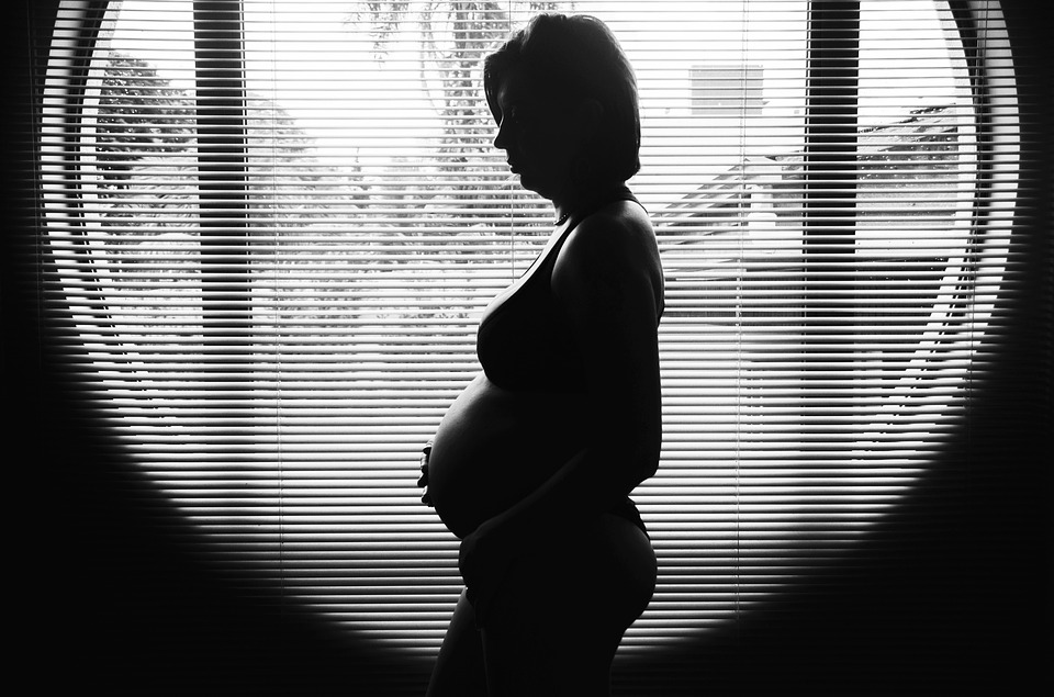 Photo en noir et blanc d'une femme blanche enceinte, de profil, devant une fenêtre avec des stores vénitiens. Elle tient avec ses mains son ventre.