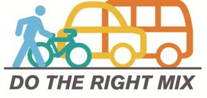 Illustration d'un bonhomme bleu se dirigeant vers un vélo vert. A la droite de ce vélo, une illustration d'une voiture jaune suivi de celle d'un bus orange. Sous ces illustrations est écrit: "Do the right mix"
